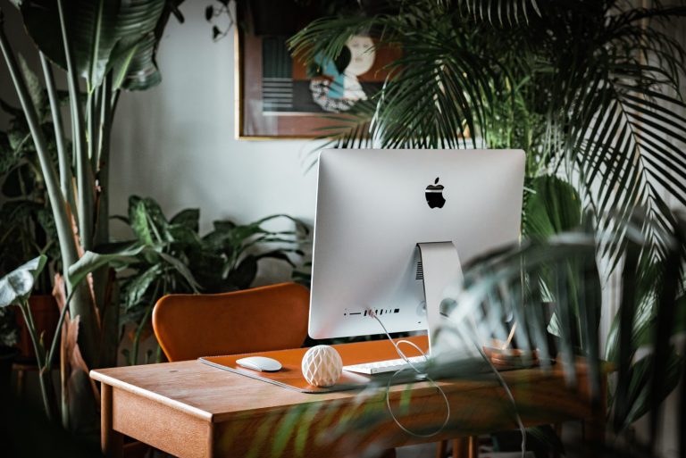 An Apple desktop computer on a wooden desk with an orange chair, surrounded by lush green indoor plants. Despite the cozy vibe and natural light, the workspace inspires focus for tackling any cyber challenge that comes your way. | Humanico Workforce Intelligence Software