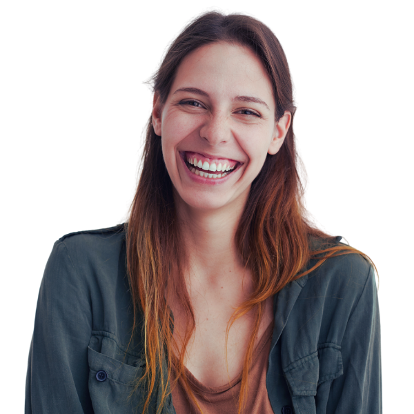 A young woman with long brown hair, wearing a green jacket over a brown shirt, smiling brightly while looking at the camera against a plain background—capturing the spirit of team performance for any workforce intelligence platform. | Humanico Workforce Intelligence Software