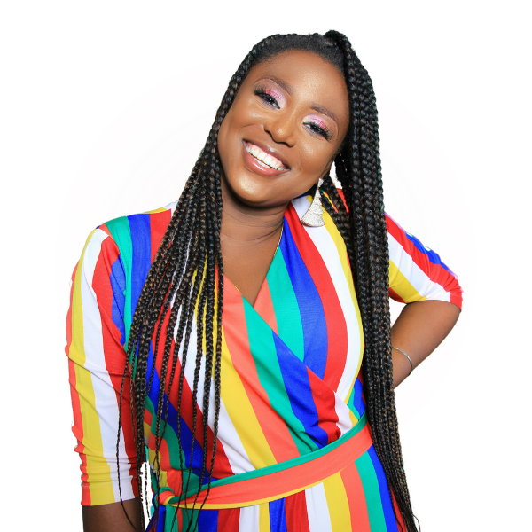 A woman smiles brightly, wearing a colorful, striped dress with long, braided hair. She poses confidently with one hand on her hip against a white background with a subtle pink circle—a perfect symbol of dynamic team performance. | Humanico Workforce Intelligence Software