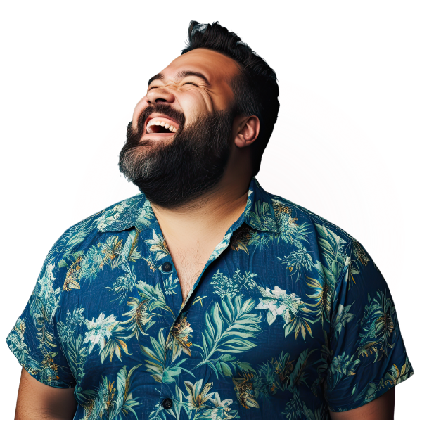 A bearded man in a blue, tropical-patterned shirt laughs heartily while looking slightly upward, standing against a light circular background—capturing the spirit of team performance and connection. | Humanico Workforce Intelligence Software
