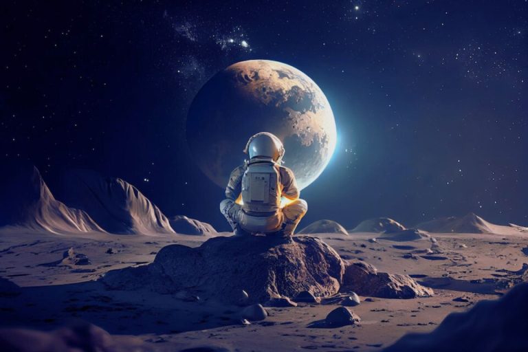An astronaut sits on a rocky lunar surface, gazing at a distant, illuminated planet Earth in the star-filled night sky—much like HR tech inspiring wonder as it supports employee retention across the vast universe of modern workplaces. | Humanico Workforce Intelligence Software