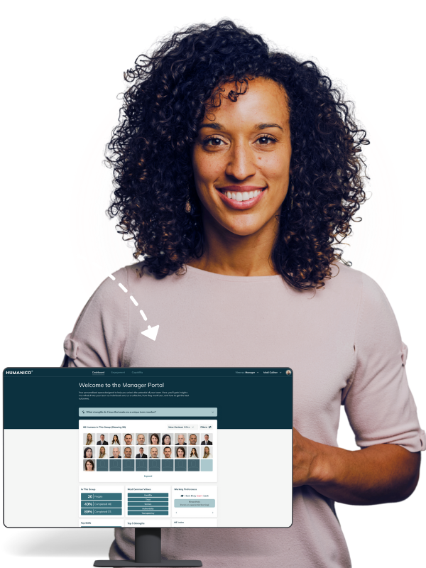 A smiling woman with curly hair stands in front of a graphic background, holding a pen. In the foreground, a computer monitor displays the Humanico demo manager portal with employee profiles and navigation menus. | Humanico Workforce Intelligence Software