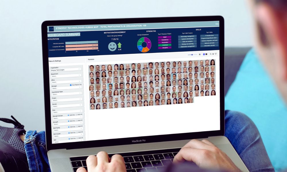 A person using a MacBook Pro views a dashboard with charts, analytics, and headshots, showcasing hr software australia designed for data analysis of people or employees. | Humanico Workforce Intelligence Software